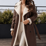 Soledad-Louise Women's Longline Double-Breasted Winter Coat with Faux Shearling Trim