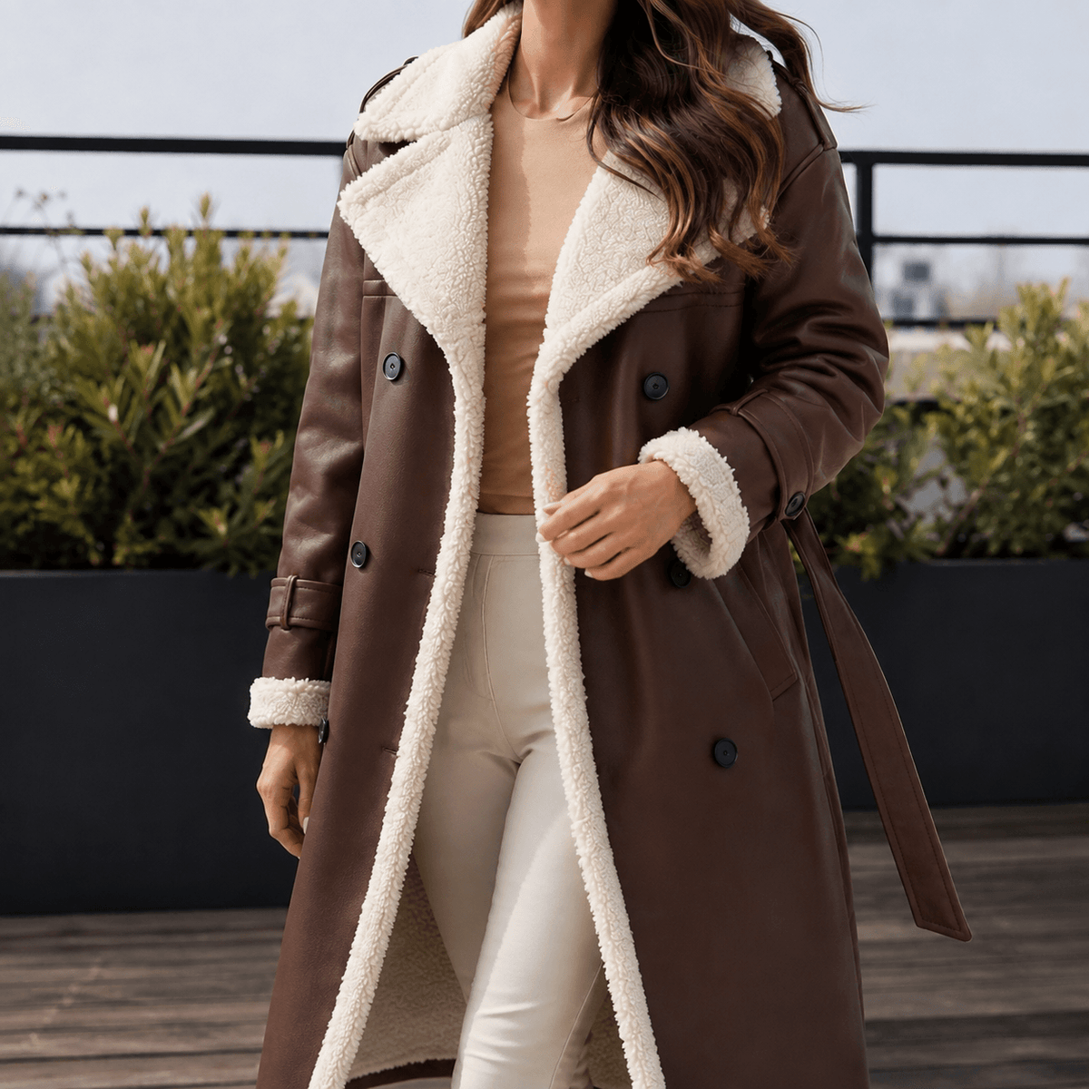 Soledad-Louise Women's Longline Double-Breasted Winter Coat with Faux Shearling Trim