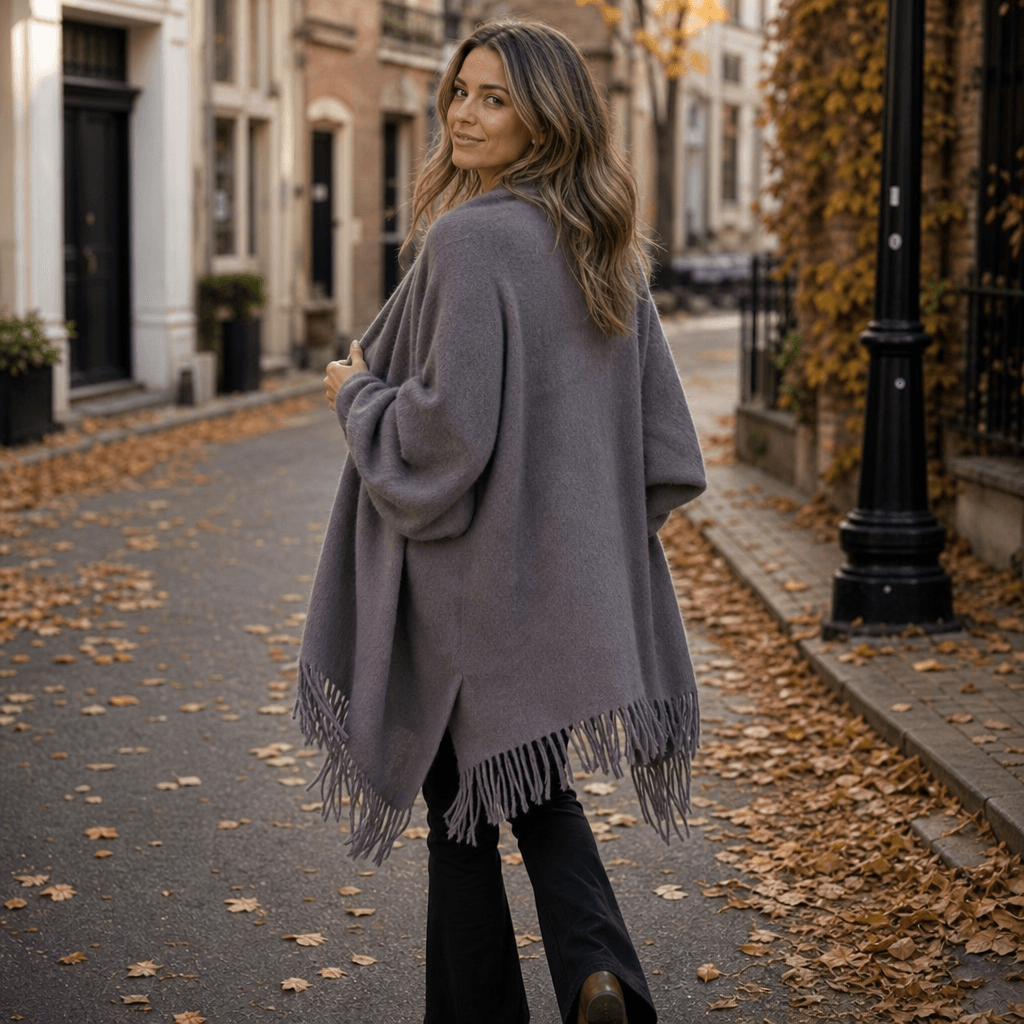 Fringe-Trim Draped Shawl Collar Open-Front Wool Winter Coat for Women
