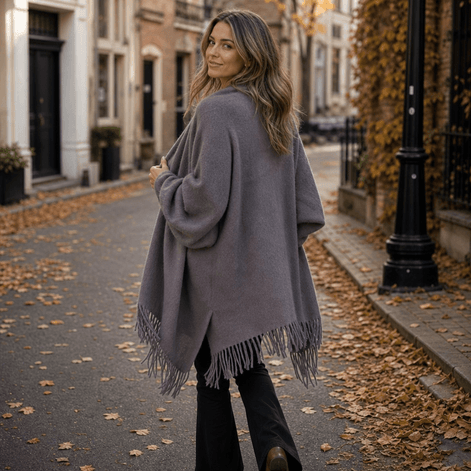 Fringe-Trim Draped Shawl Collar Open-Front Wool Winter Coat for Women