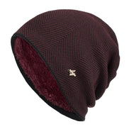 Men's Herringbone Knit Beanie with Fleece Lining and Ribbed Edge
