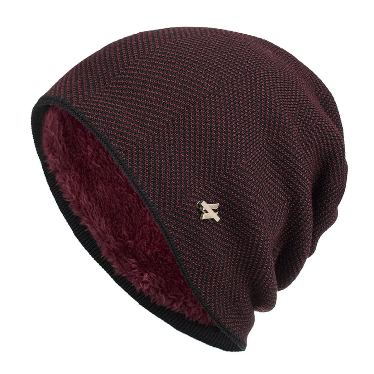 Men's Herringbone Knit Beanie with Fleece Lining and Ribbed Edge