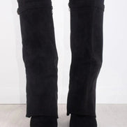 Women's Suede Fold-Over Boots with Pointed Toe and Gold Buckle Detail