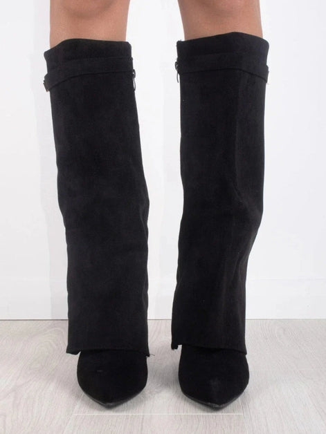 Women's Suede Fold-Over Boots with Pointed Toe and Gold Buckle Detail