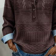 Melkorka Denim-Effect Collared Cable Knit Top with Long Sleeves