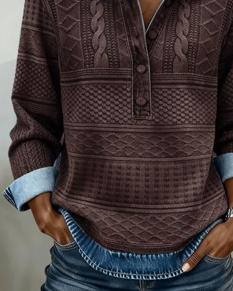 Melkorka Denim-Effect Collared Cable Knit Top with Long Sleeves