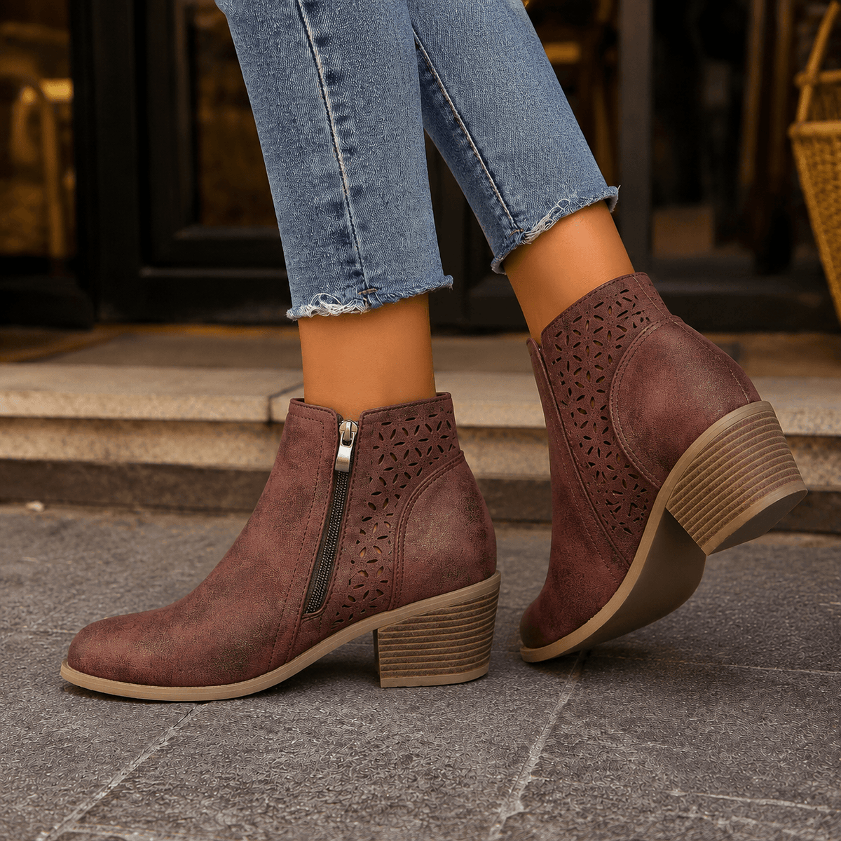 Visconti Faux Suede Cutout Ankle Boots with Block Heel and Side Zip