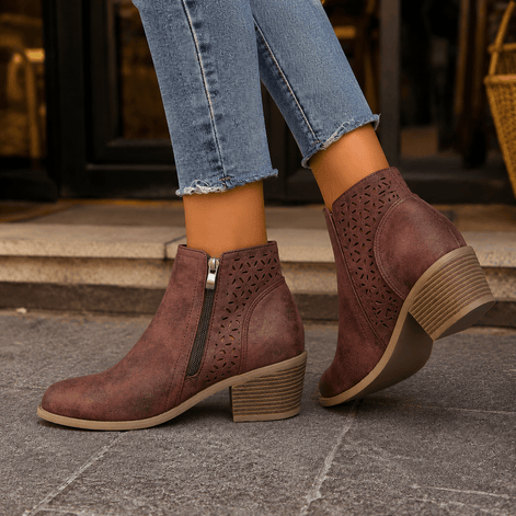 Visconti Faux Suede Cutout Ankle Boots with Block Heel and Side Zip