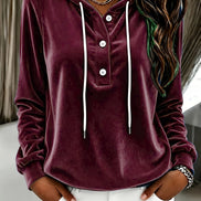 Women's Velvet Hooded Sweatshirt with Button Placket and Drawstring
