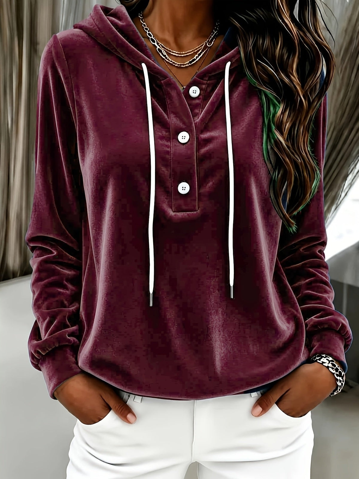 Women's Velvet Hooded Sweatshirt with Button Placket and Drawstring