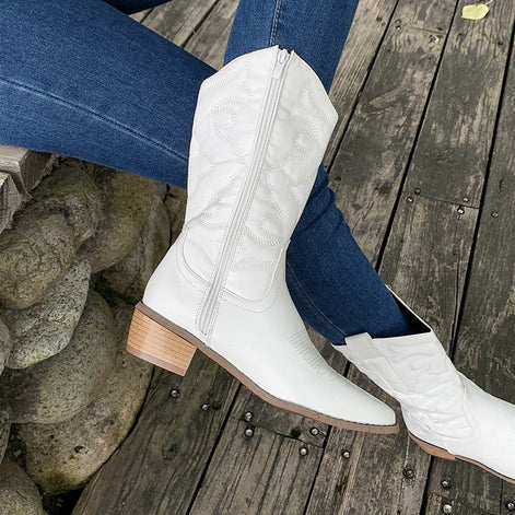 Nadia Embroidered Mid-Calf Cowboy Boots with Block Heel for Women