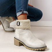 Faux Shearling Cuff Buckle Boots with Block Heel
