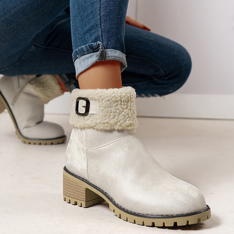 Faux Shearling Cuff Buckle Boots with Block Heel