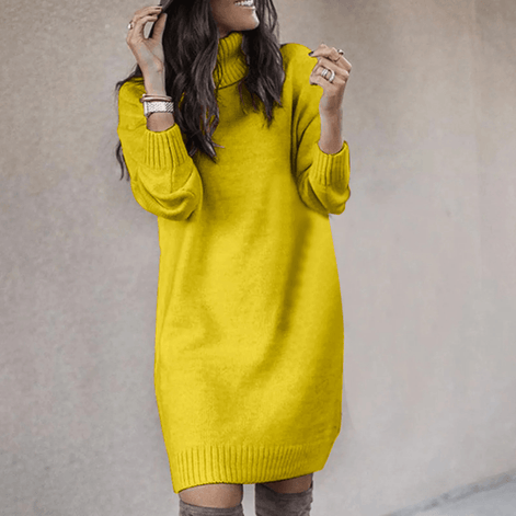 Women's Roll Neck Long Sleeve Knitted Jumper Dress with Ribbed Cuffs