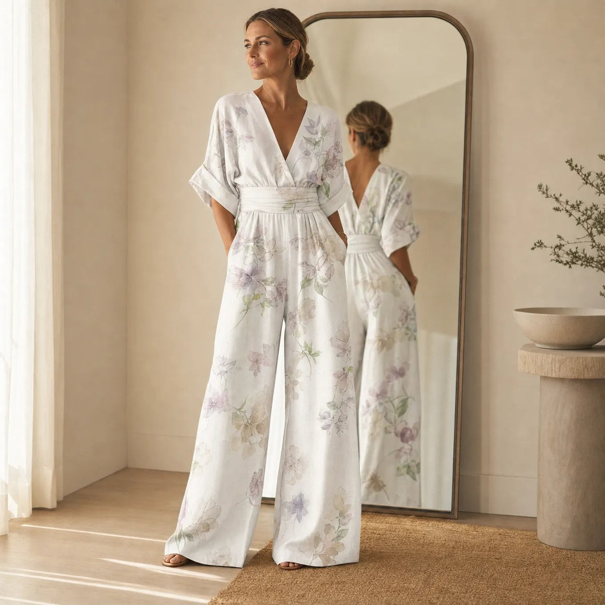 Floral Print Wide-Leg Jumpsuit with Cinched Waist and Pockets
