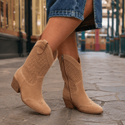 Soriano Perforated Western Leather Boots with Block Heel and Side Zip