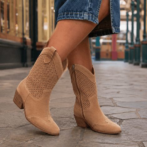 Soriano Perforated Western Leather Boots with Block Heel and Side Zip
