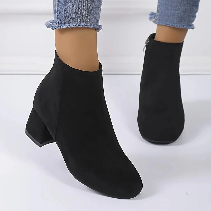 Women's Suede Block Heel Ankle Boots with Side Zip