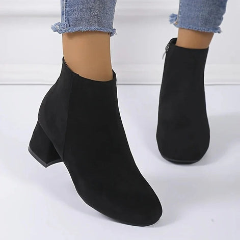 Women's Suede Block Heel Ankle Boots with Side Zip