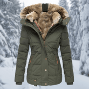Women's Quilted Polyester Puffer Jacket with Faux Fur Trim Hood