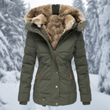 Women's Quilted Polyester Puffer Jacket with Faux Fur Trim Hood