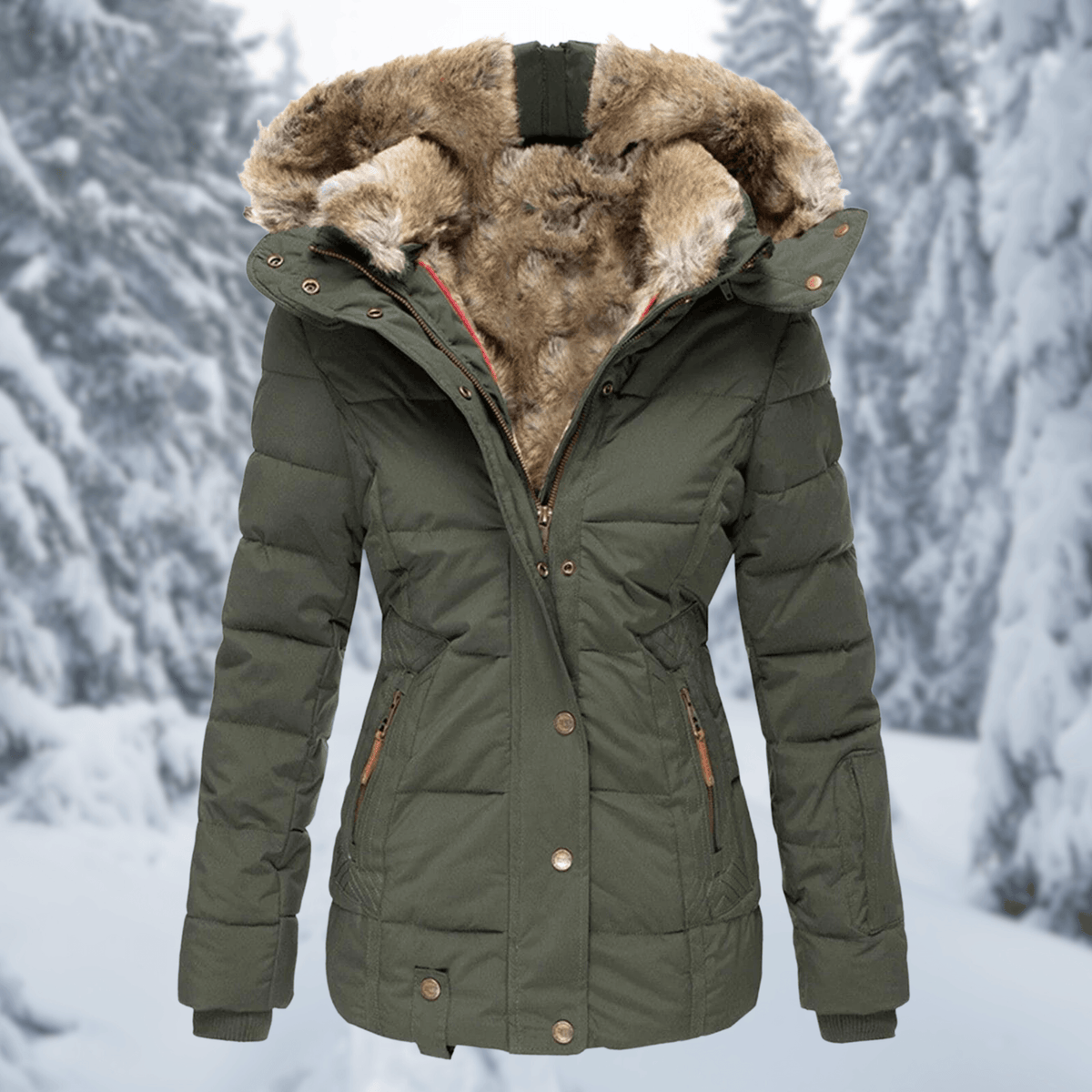 Women's Quilted Polyester Puffer Jacket with Faux Fur Trim Hood