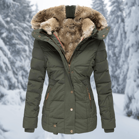 Women's Quilted Polyester Puffer Jacket with Faux Fur Trim Hood