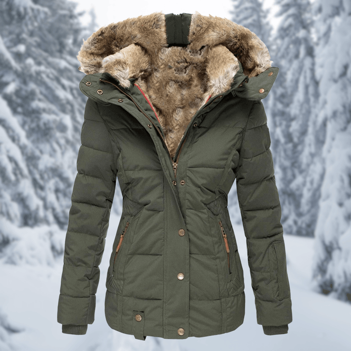 Women's Quilted Polyester Puffer Jacket with Faux Fur Trim Hood