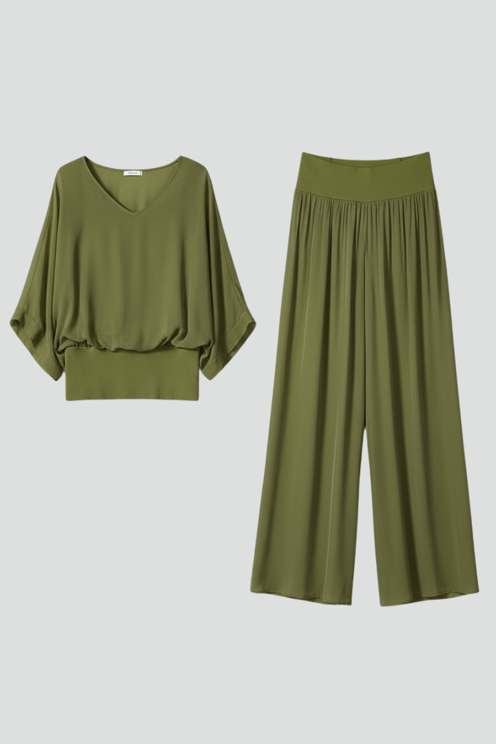 Adeline Draped Blouson Top and Wide-Leg Trouser Two Piece Set