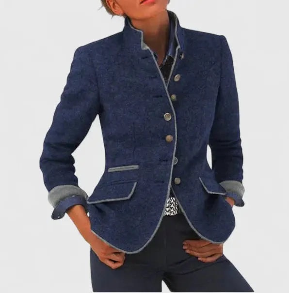Women's Tailored Wool Blazer with Contrast Trim and Structured Fit
