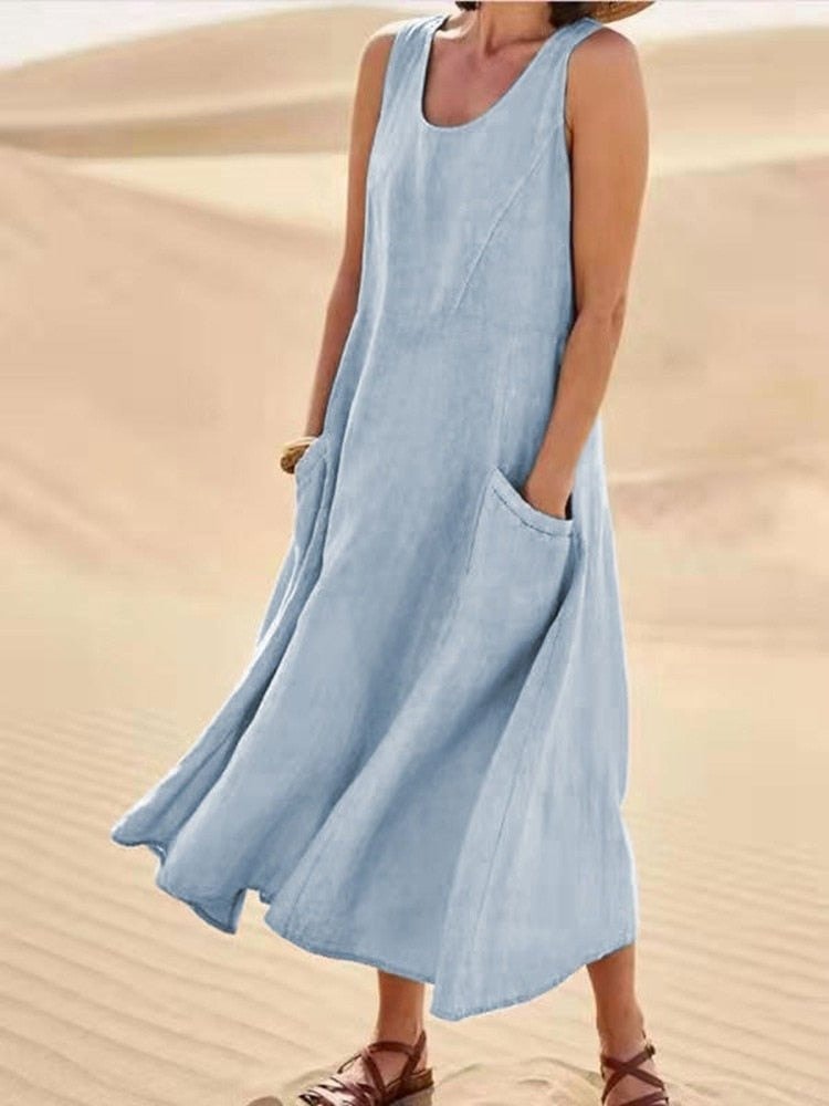 Sleeveless Linen Midi Dress with Pockets for a Christmas Party