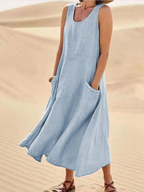Sleeveless Linen Midi Dress with Pockets for a Christmas Party
