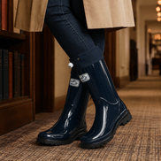 Women's Knee-High Glossy Rubber Wellies with Drawstring Cuff