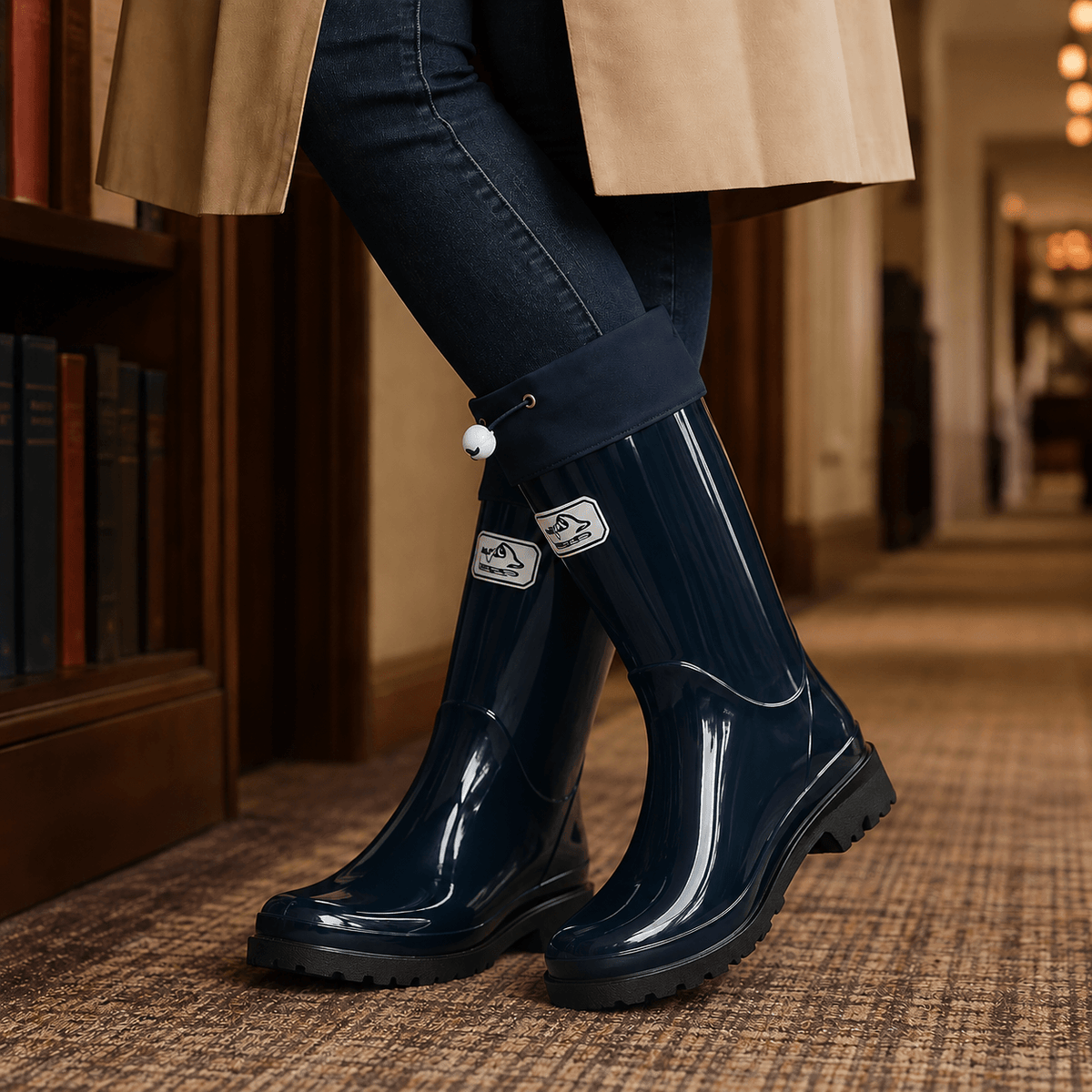 Women's Knee-High Glossy Rubber Wellies with Drawstring Cuff