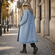 Denora Sherpa-Lined Full-Length Denim Coat with Lapel Collar