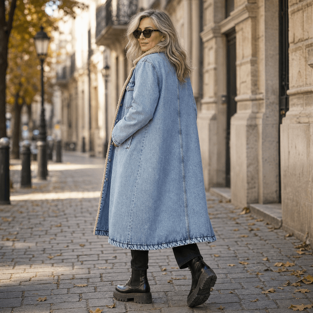 Denora Sherpa-Lined Full-Length Denim Coat with Lapel Collar