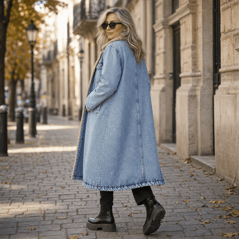 Denora Sherpa-Lined Full-Length Denim Coat with Lapel Collar