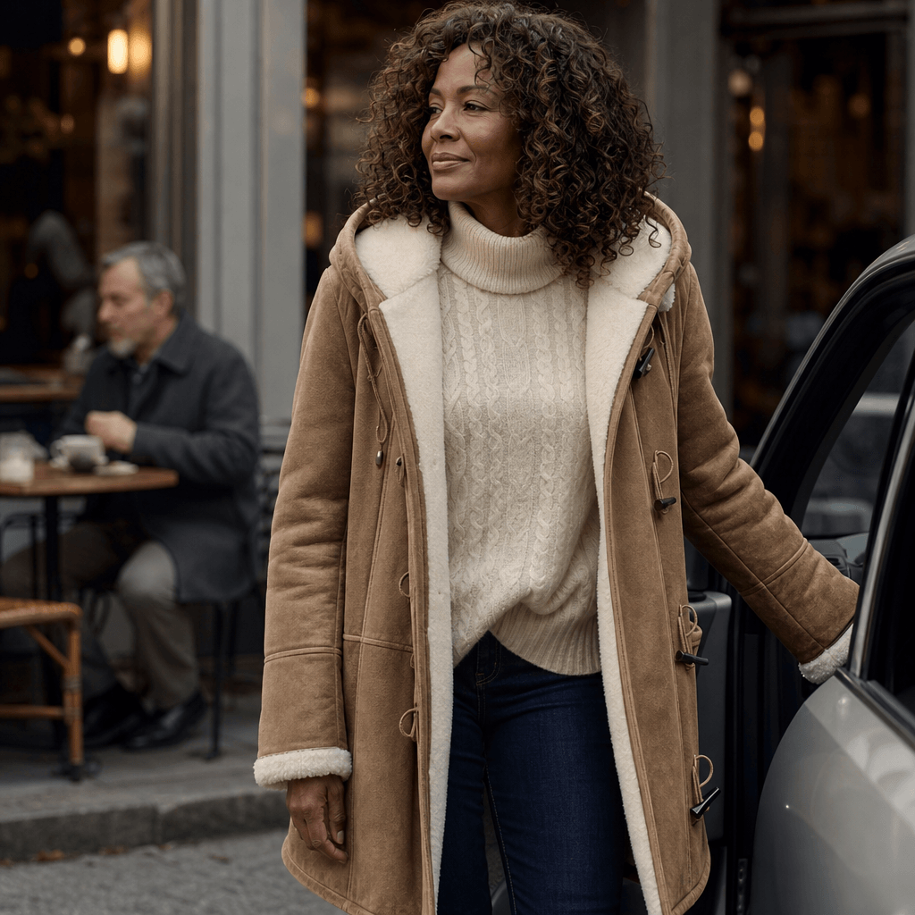 Women's Faux Shearling-Lined Hooded Duffle Coat with Hip-Length Fit