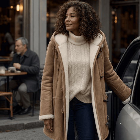 Women's Faux Shearling-Lined Hooded Duffle Coat with Hip-Length Fit