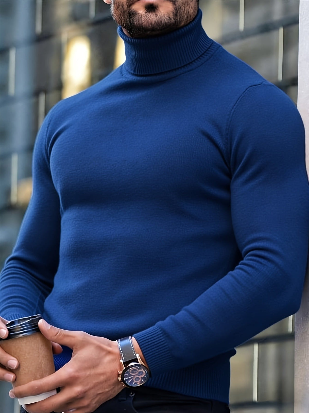 Men's Ribbed Turtleneck Knit Jumper with Long Sleeves