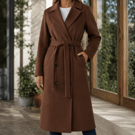 Adele-Grace Women's Belted Double-Breasted Winter Coat with Notched Lapels