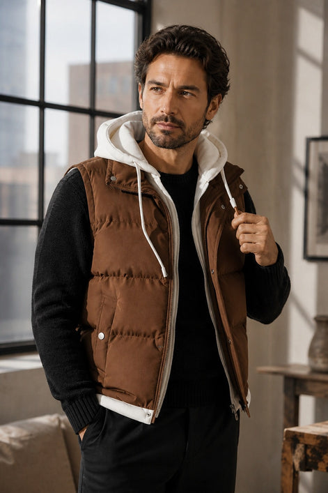 Men's Double-Layered Hood Padded Puffer Vest