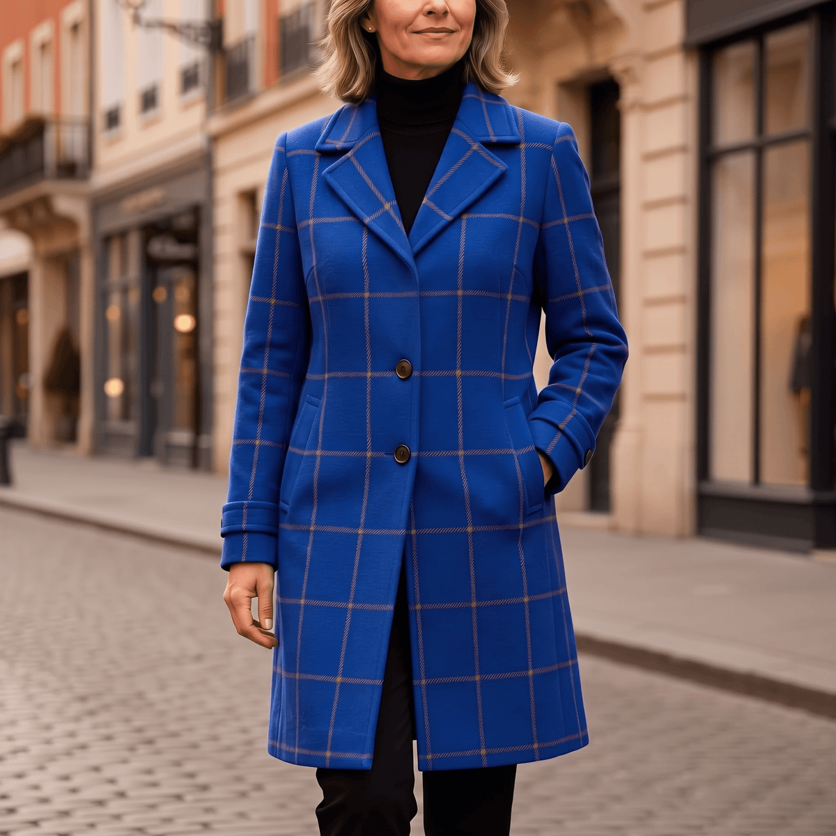 Women's Checkered Knee-Length Coat with Two-Button Front and Drop Shoulders