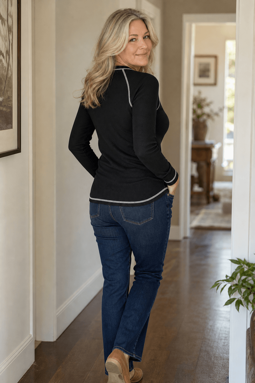 Women's Waffle Knit Henley Top with Button Placket