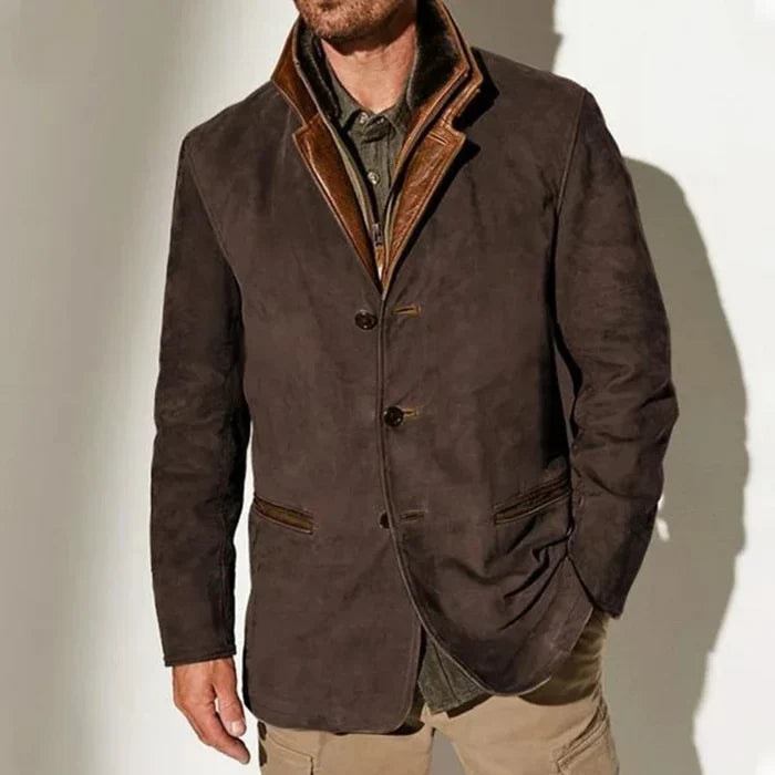 Men's Suede-Look Blazer-Style Jacket with Contrast Trim Collar