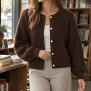Oriane-Claire Fuzzy Knitted Cardigan for Women with Pearl Buttons