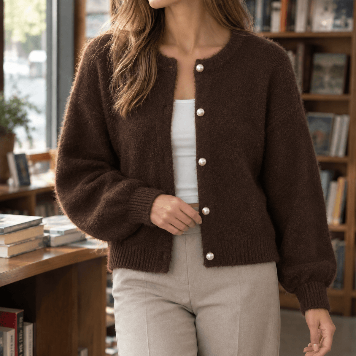 Oriane-Claire Fuzzy Knitted Cardigan for Women with Pearl Buttons