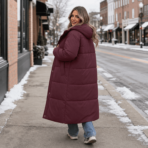 Women's Long Hooded Quilted Puffer Jacket with Pockets in Polyester