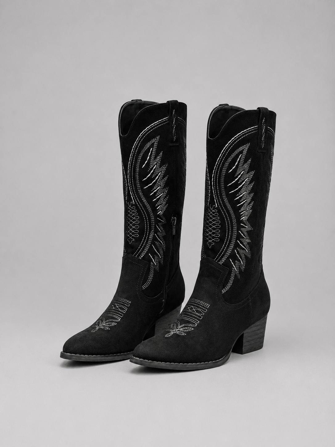 Suede Western Cowboy Knee-High Boots with Block Heel and Embroidered Stitching