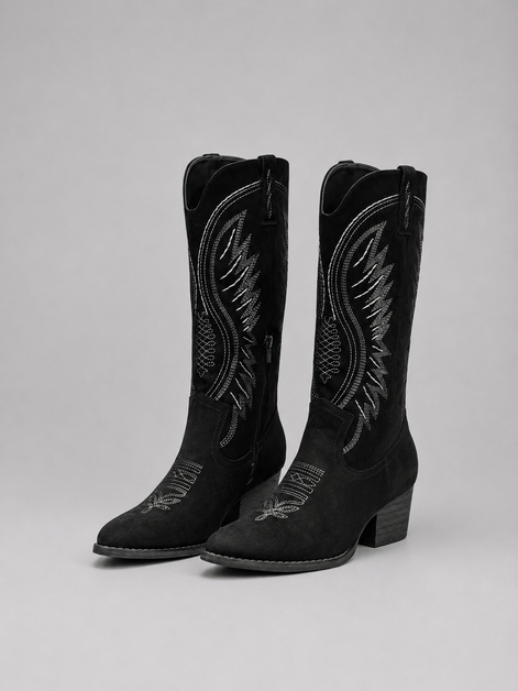 Suede Western Cowboy Knee-High Boots with Block Heel and Embroidered Stitching